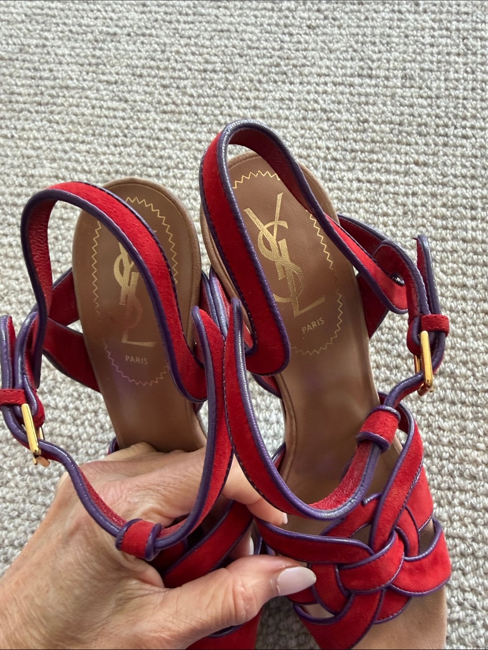 YSL Saint Laurent Tribute Red Suede Knotted T-Strap Platform Sandals- deal! Bag - Picture 9 of 13